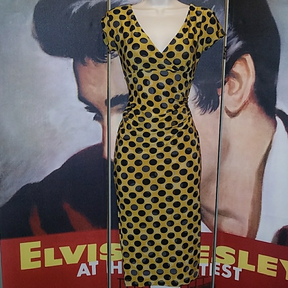 Tatyana Ink Spot Vintage 1950's Pinup Pencil Dress Yellow w Black Polka Dots - Picture 2 of 8